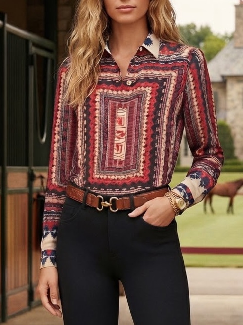 Aztec-Tribal Print Long-Sleeve Button-Up Blouse
